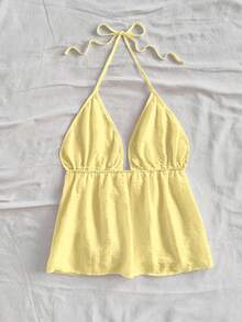 Soleia Women's Casual Resort Style Pale Yellow Semi-Sheer Halter Backless Vacation Tank Top, Suitable For Summer,Butter Yellow,Rave Top Suitable For Going Out - Yellow - View 2