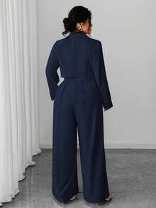Elenzga Ensemble 2 pièces grande taille pour femmes : veste blazer élégante et minimaliste pour le travail et la navette, combinaison à jambes larges avec taille cintrée sans manches - Bleu marine - Voir 2