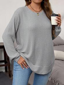 EMERY ROSE Damen Große Größen Einfarbiges Rundhals Langarm Geripptes Lässiges Loose Fit T-Shirt