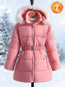 Abrigo acolchado con capucha y cuello de piel para niñas, con cinturón elástico en la cintura, bolsillos y diseño con cremallera, corte holgado, cómodo para otoño/invierno, adecuado para uso diario, ir al trabajo, actividades al aire libre, fiestas y sesiones de fotos - Rosa - Ver 3