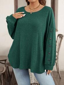 EMERY ROSE Camiseta de manga larga de punto acanalado de unicolor para mujer de talla grande