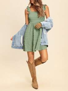 SHEIN LUNE Solid Color Casual Spaghetti Strap Dress - Mint Green - View 5
