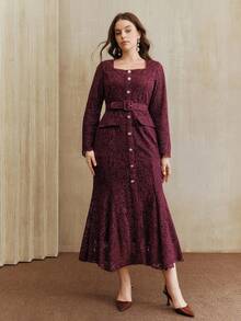 Anewsta Valentine Plus Size Purple Formal Banquet Elegant Square Neck Lace Rhinestone Belt Long Sleeve Dress - Purple - View 6