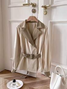 SHEIN Frenchy Damen Farbblock Kragen Raglanärmel Lässig Modisch Vielseitig Trenchcoat, Herbst/Winter Kontrast-Farbe Khaki Braun Trenchcoat, Essenzieller Alltags-Styling Klassisch Vintage-inspirierte Oberbekleidung, Wintermantel, Thanksgiving - Aprikosenfarben - Übersicht 1