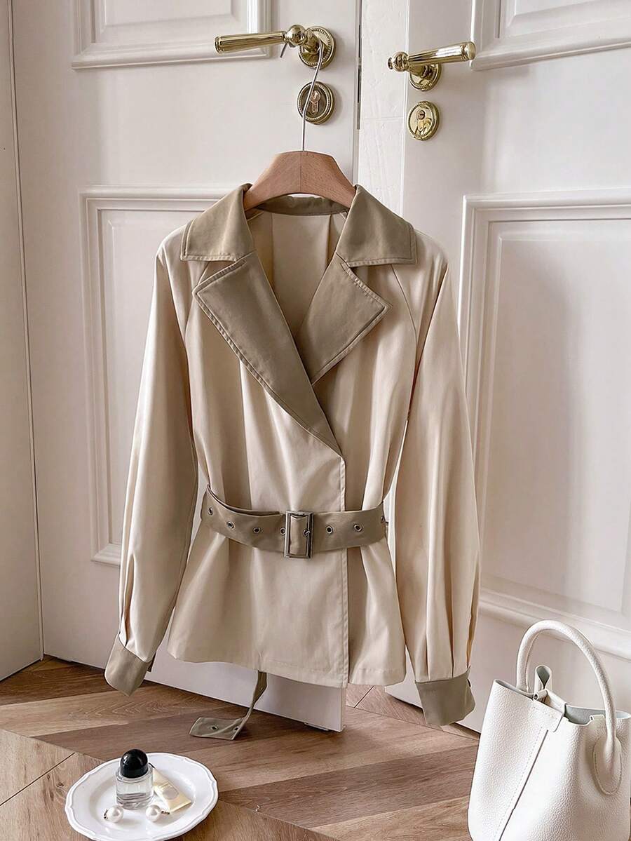 SHEIN Frenchy Damen Farbblock Kragen Raglanärmel Lässig Modisch Vielseitig Trenchcoat, Herbst/Winter Kontrast-Farbe Khaki Braun Trenchcoat, Essenzieller Alltags-Styling Klassisch Vintage-inspirierte Oberbekleidung, Wintermantel, Thanksgiving - Aprikosenfarben - Übersicht 1