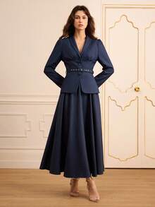 Lilora Women's Elegant Workwear Commute Solid Color Belted Blazer And A-Line Skirt Suit Winter For New Year Navy Blue Elegant Dress Skirt Suits For Woman Suit Dress Blazer Skirt Set Long Sleeve Elegant Dress - Blue - View 8