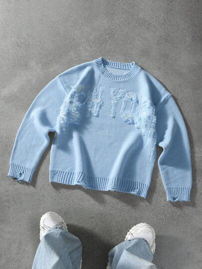 Manfinity EMRG 男士字母图案时尚圆领长袖印花毛衣，Y2K风格长袖针织衫，冬季款