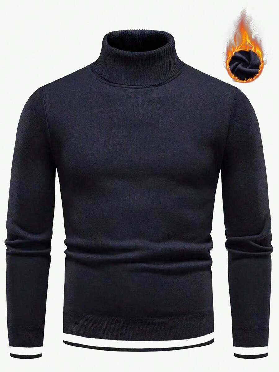 Manfinity Mode Casual Basic Men's Navy Blue Long Sleeve Knit Turtleneck Sweater Regular Length Pullover For Winter , Fall