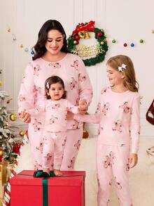 SHEIN Tween Girls Casual Homewear Crew Neck Long Sleeve Pajama Set - Pink - View 5