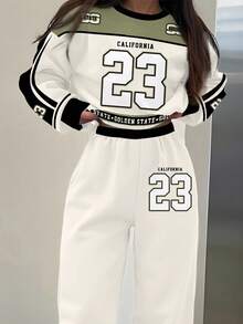 SHEIN Leap Crew 两件套少女休闲复古运动衫套装，字母23印花卫衣和裤子，浅灰色和橄榄绿，厚实柔软宽松舒适圆领长袖连帽衫和裤子，适合秋冬季日常、运动、上学、街头穿着 - 彩色 - 查看 5
