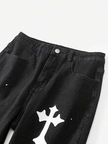 SHEIN 青少年男孩 Bolty 时尚休闲 Y2k 复古酷炫街头镂空破洞磨边 Vogue 街头白色十字图案黑色牛仔破洞弹力紧身牛仔裤日常穿着以及秋冬季节锐舞音乐节和街头服饰 - 黑色 - 查看 4