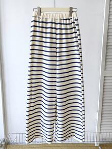 Sparklyn Teen Girl Casual Striped Lapel Drop Shoulder Top And Wide Leg Pants Set, Autumn