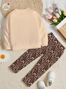 SHEIN 2pcs/Set Girls Casual Vintage Leopard Print Bow Decor Round Neck Long Sleeve Sweatshirt And Leggings Outfit, Suitable For Autumn/Winter, Streetwear, Punk, Vintage, Back To School, Goth, Fall, Winter