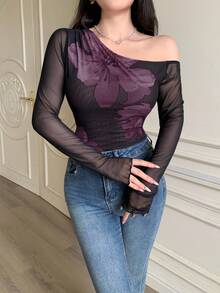 Modelyn Women's Solid Color Mesh Contrast Mesh Print Asymmetric Ruched Minimalist Sexy T-Shirt - Purple - View 5