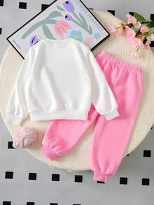 SHEIN X Care Bears 2件套少女熊印花宽松圆领运动衫和休闲运动裤 - 粉色 - 查看 5