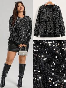 Comfylo Plus Size Sequin Decor Round Neck Long Sleeve T-Shirt, Party Sequin Winter New Year Sparkly Black Top