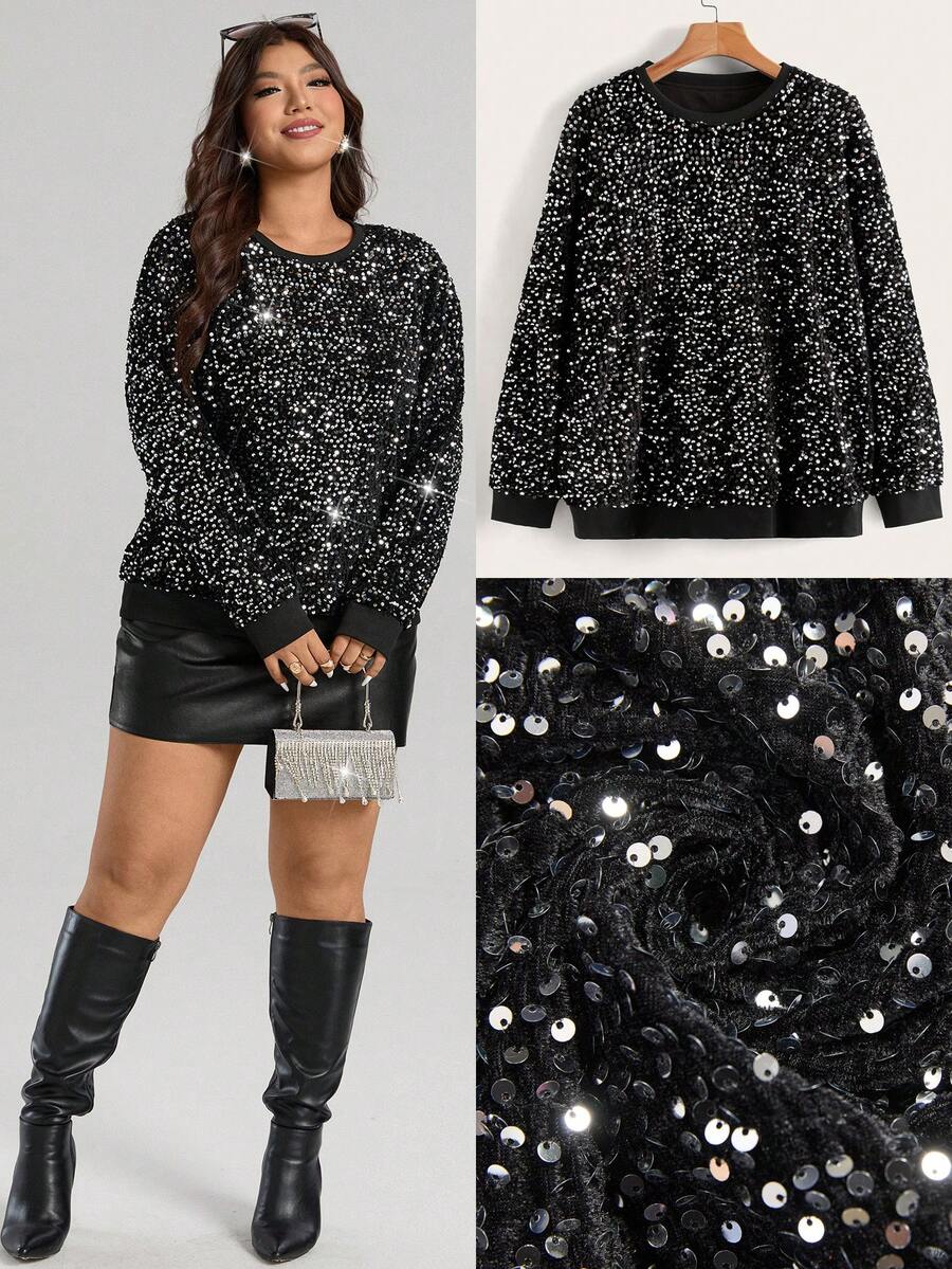 Comfylo Plus Size Sequin Decor Round Neck Long Sleeve T-Shirt, Party Sequin Winter New Year Sparkly Black Top