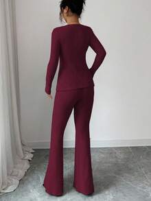 Elenzga Women's Elegant Fluffy Ribbed Knit Bowknot Collar Long Sleeve Blouse And Flare Pants 2 Pieces Set - Hot Pink - View 2