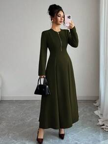Elenzga Women's Elegant Coffee Brown Round Neck Front Zipper High-End Design Waist Fitted Flared Long Sleeve Midi Dress, Suitable For Commuting In Autumn - Army Green - View 5