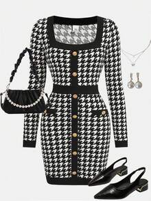 SHEIN Girlism Váy dài tay cổ tròn họa tiết răng sói đen trắng thanh lịch, thời trang cổ điển, thích hợp mặc khi đi làm, đi chơi Giáng sinh, Lễ tạ ơn, có khóa kim loại trang trí, có thể mặc trong nhà và ngoài trời - Đen và trắng - Xem 1