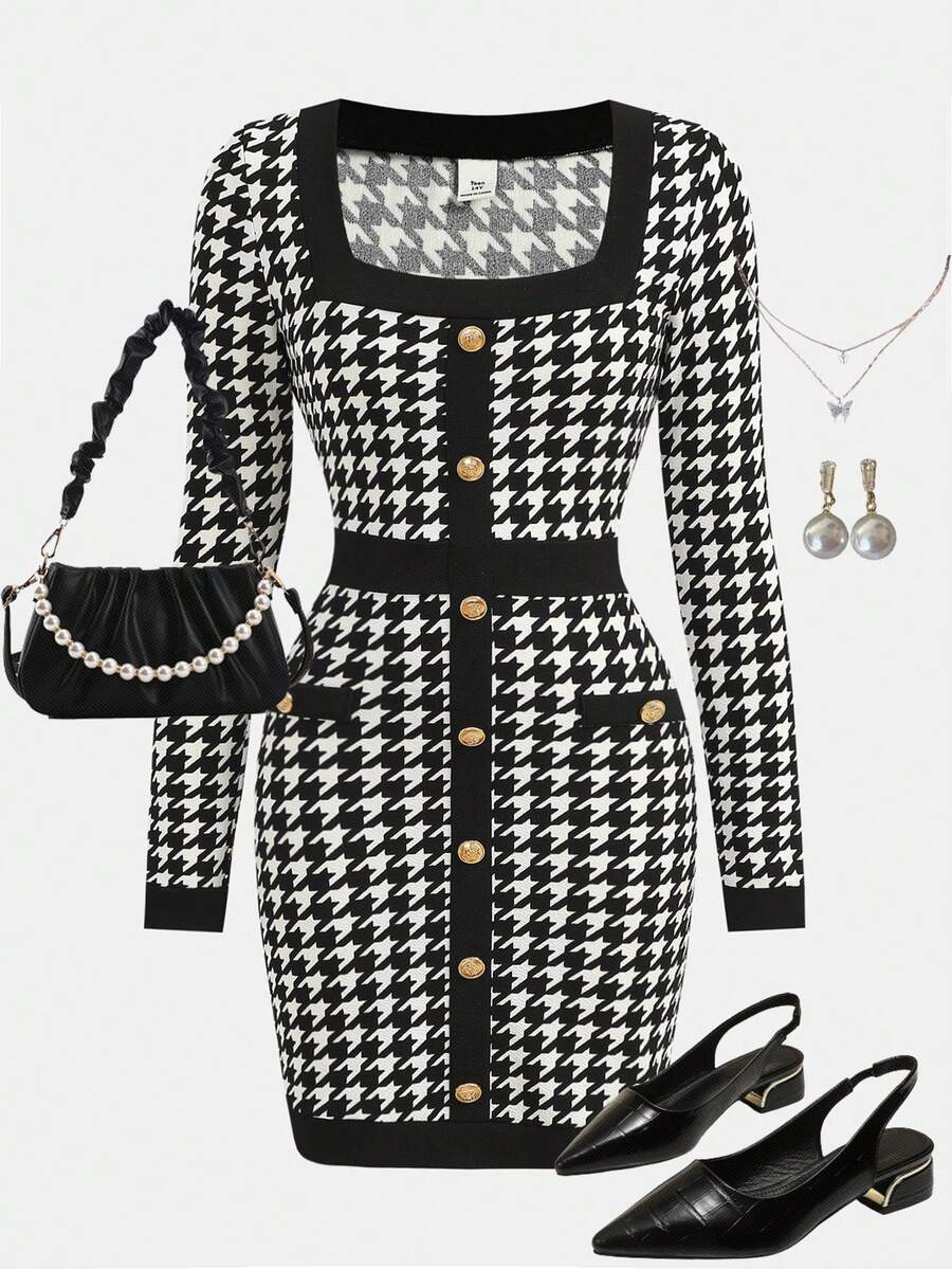 SHEIN Girlism Váy dài tay cổ tròn họa tiết răng sói đen trắng thanh lịch, thời trang cổ điển, thích hợp mặc khi đi làm, đi chơi Giáng sinh, Lễ tạ ơn, có khóa kim loại trang trí, có thể mặc trong nhà và ngoài trời - Đen và trắng - Xem 1