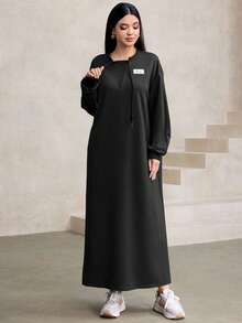 Graceveil Casual Round Neck Drawstring Decor Loose Brown Long Dress For Women, Autumn/Winter - Black - View 1