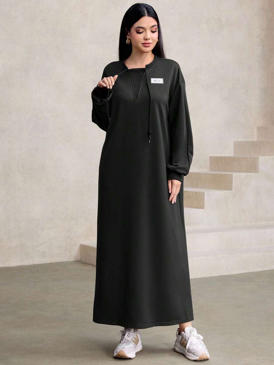 Graceveil Casual Round Neck Drawstring Decor Loose Brown Long Dress For Women, Autumn/Winter - Black - View 1