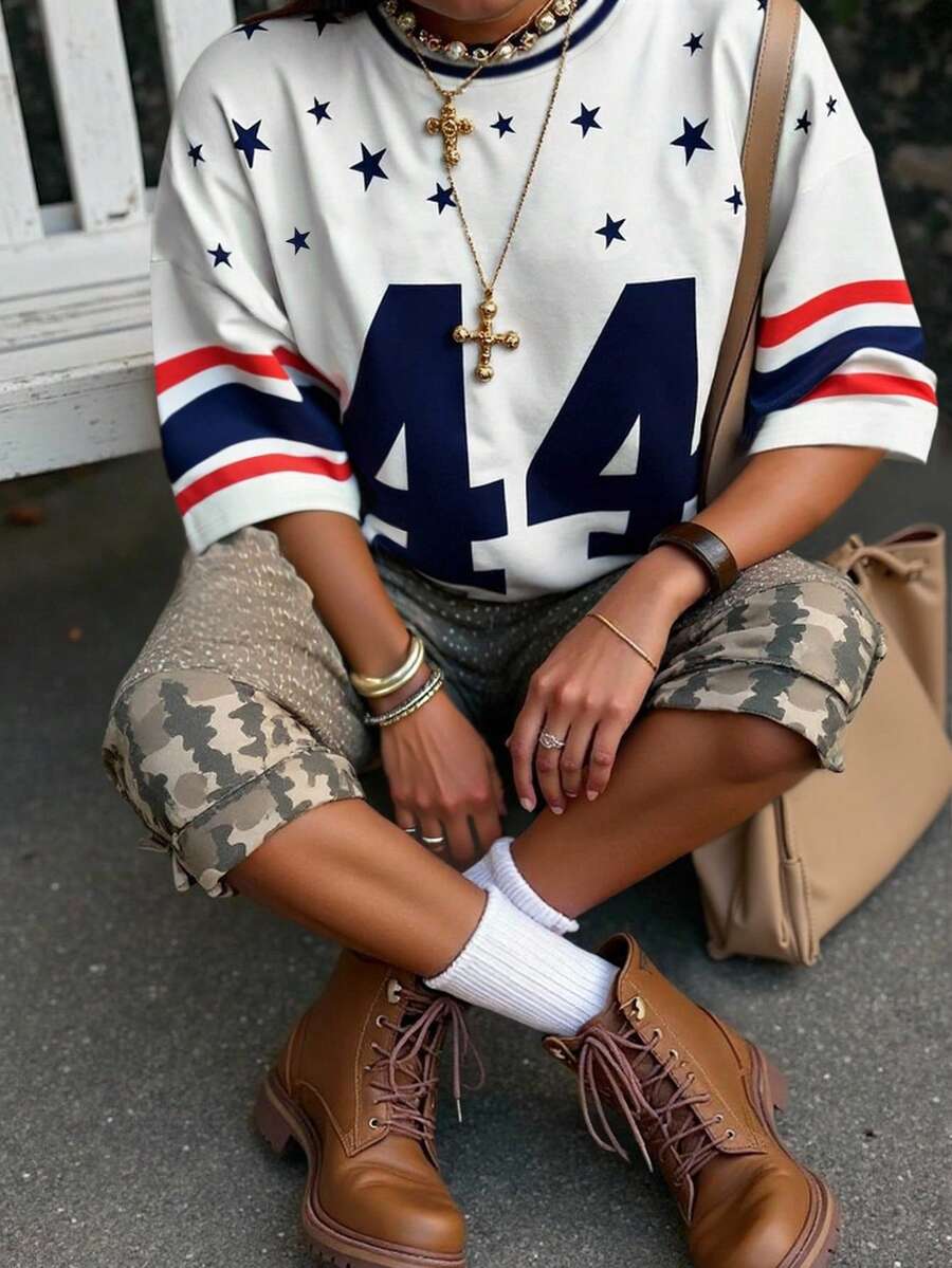 INAWLY American Streetwear 数字星星印花短袖T恤 - 白色 - 查看 1