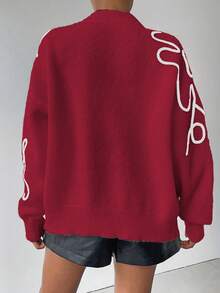 Chiquease Cardigan Wanita Bermotif Bunga, Modis untuk Musim Gugur/Dingin - Merah - View 2