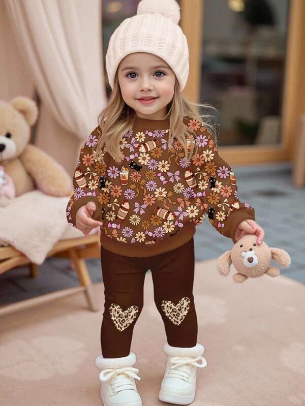 SHEIN Happikins 2pcs Baby Girl All-Over Print Crew Neck Long Sleeve Sweatshirt And Leopard Print Pants Set Fall Winter Clothes Toddler Girl Flower Outfit Kids Winter Clothes Baby Girls Sets Brown Toddler Outfit Girl Infants Clothes Girl Fall Baby Girls Winter Set Brown