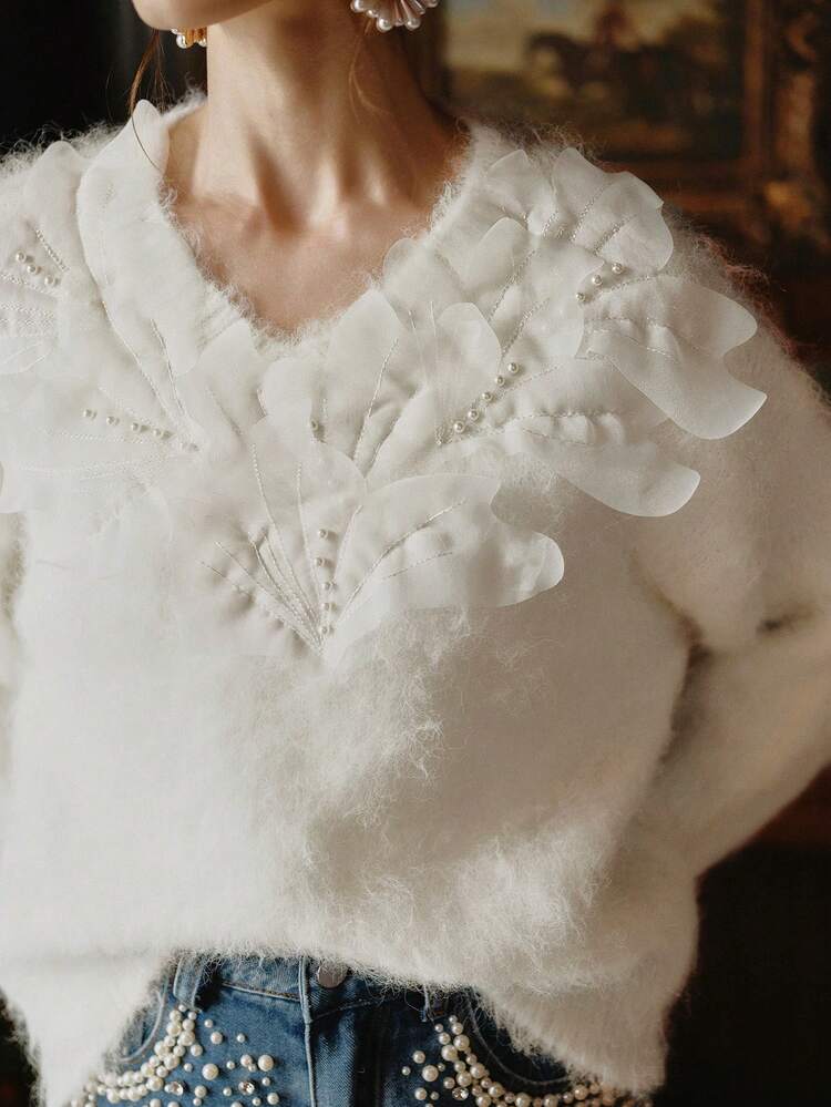 Casual Solid Color Elegant Knitted Loose Fit Floral Applique Women Pullover Sweater, Suitable For Autumn, Winter, Going Out, Formal, Party, Fashionable, New Year, Christmas, Work, Graduation, Wedding