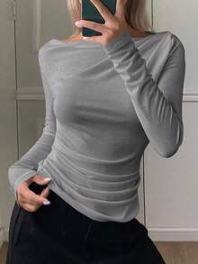 DAZY 女士优雅都市休闲修身露肩长袖T恤度假装扮 - 灰色 - 查看 3
