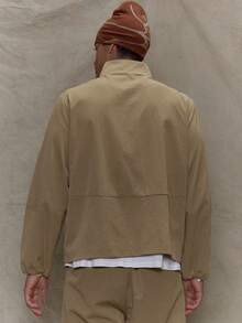 Musero Men Long Sleeve Oversized Stand Collar Hidden Asymmetric Placket Press Button Fastening Co-Ord Sets Top Only Fall/SPRING SUMMER Clothes - Khaki - View 5