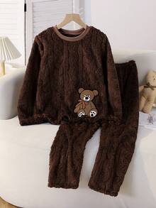 2pcs Girls Cute & Sweet Bear Print Brown Coral Fleece Soft & Cozy Loose Fit Long Sleeve Top And Pants Pajama Set,Tween Girl Pajamas Fall&Winter Clothings - Brown - View 3