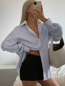 Livesso Striped Loose Long Sleeve Button Down Boyfriend Shirt For Women Summer,Back To School Clothes - Navy Blue - View 2
