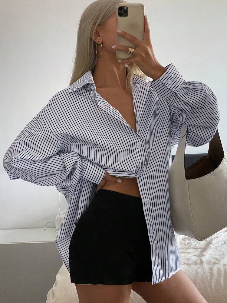 女式夏季条纹宽松长袖纽扣男友衬衫，返校服装 - 藏蓝色 - 查看 2