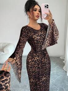 Elenzga Plus Size Women's Autumn/Winter Pleated Leopard Print Waist Cinched Dress, Asymmetrical Floral Patchwork - Multicolor - View 5