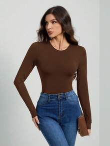 SHEIN Tall 纯色长袖修身黑色T恤连体衣 - 棕色 - 查看 3