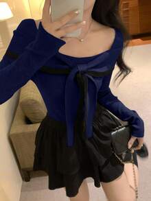 DAZY Maglione elegante da donna con fiocco e colore a contrasto, spalle scoperte, maniche lunghe, adatto per autunno/inverno - Blu Navy - Visualizzare 1