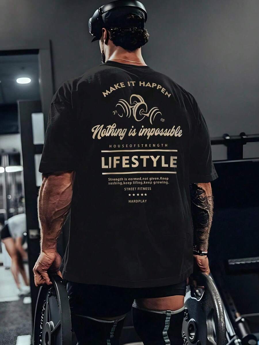 Manfinity Sport PWRUP Tricou sport pentru bărbați, stil iubit, cu slogan grafic, imprimare, mânecă scurtă, respirabil