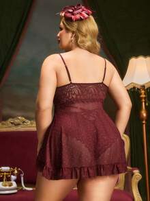 SHEIN Slumberist Plus Size Women 2 Pieces Set: Lace Patchwork Diamond Mesh Camisole Top + Sexy Lace Pajama Pants - Maroon - View 4