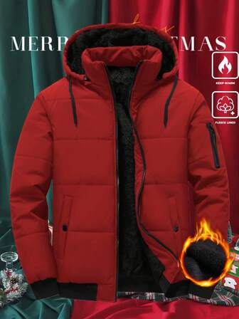 Manfinity Homme 男士连帽纯色拉链长袖羽绒服，冬季男士外套，男士毛绒内衬夹克，男士保暖内衬夹克，男士红色夹克