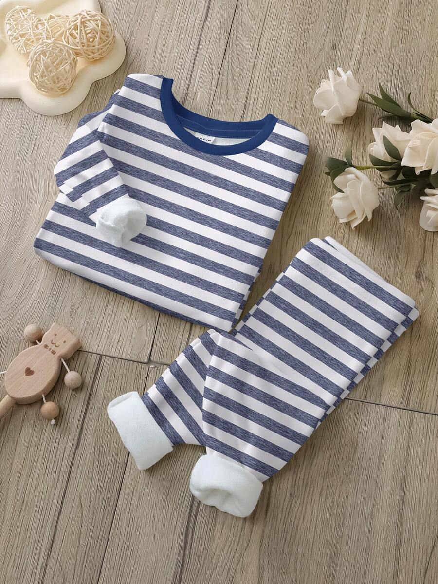 SHEIN 舒适合身经典蓝白条纹休闲宽松舒适运动衫和裤子家居服套装,适合所有季节 - 彩色 - 查看 1