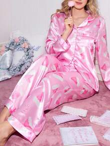 SweetSlumber بيجامة نسائية مكونة من ملابس علوية كم طويل وبنطال، مطبوعة بطبعة قبعة سانتا كلوز وقصبة السكر، من قماش الساتان، ملابس شتوية