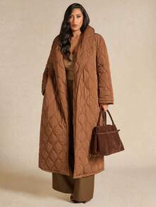 SHEIN BAE Plus Size Fashionable Versatile Solid Color Belted Jacket, Winter - Brown - View 3