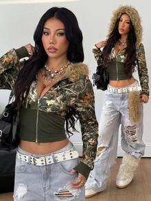 Coolane 女士秋季/四季节日嬉皮街头风休闲Y2K朋克铆钉毛领拉链连帽卫衣冬装 - 綠色 - 查看 1