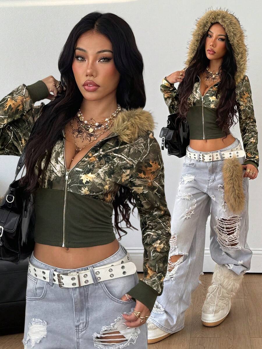 Coolane 女士秋季/四季节日嬉皮街头风休闲Y2K朋克铆钉毛领拉链连帽卫衣冬装 - 綠色 - 查看 1