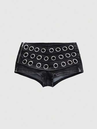 J-Fashion Short en jean taille super basse vintage et délavé avec œillets pour femmes