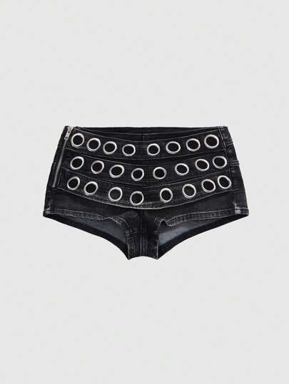 J-Fashion Short en jean sexy taille basse super vintage avec clous et crâne délavé pour femmes