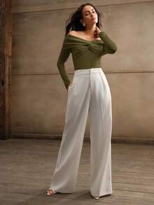 Anewsta Sexy Off-Shoulder Twist Bodysuit - Olive Green - View 7